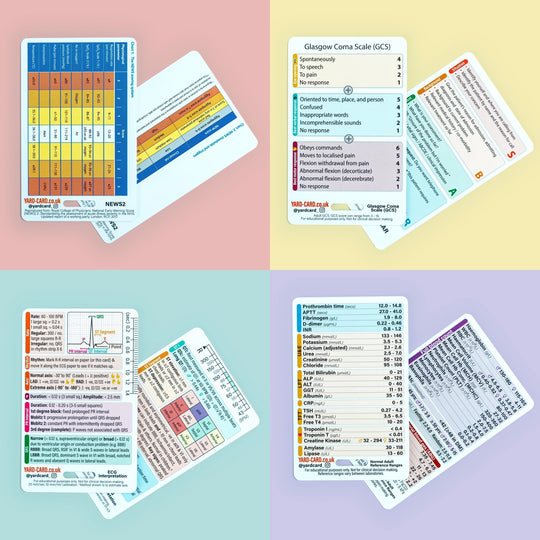 YardCard Badge Card Set (Bloods, ECG, NEWS2, GCS/SBAR) - Lanyard Cards for Healthcare Students